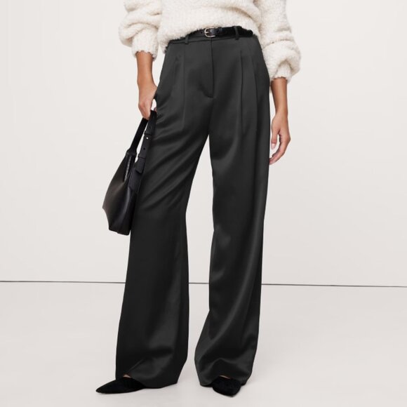 Banana Republic Soho High-Rise Wide-Leg Italian Satin Pant Pleated Trouser Black - Picture 1 of 14
